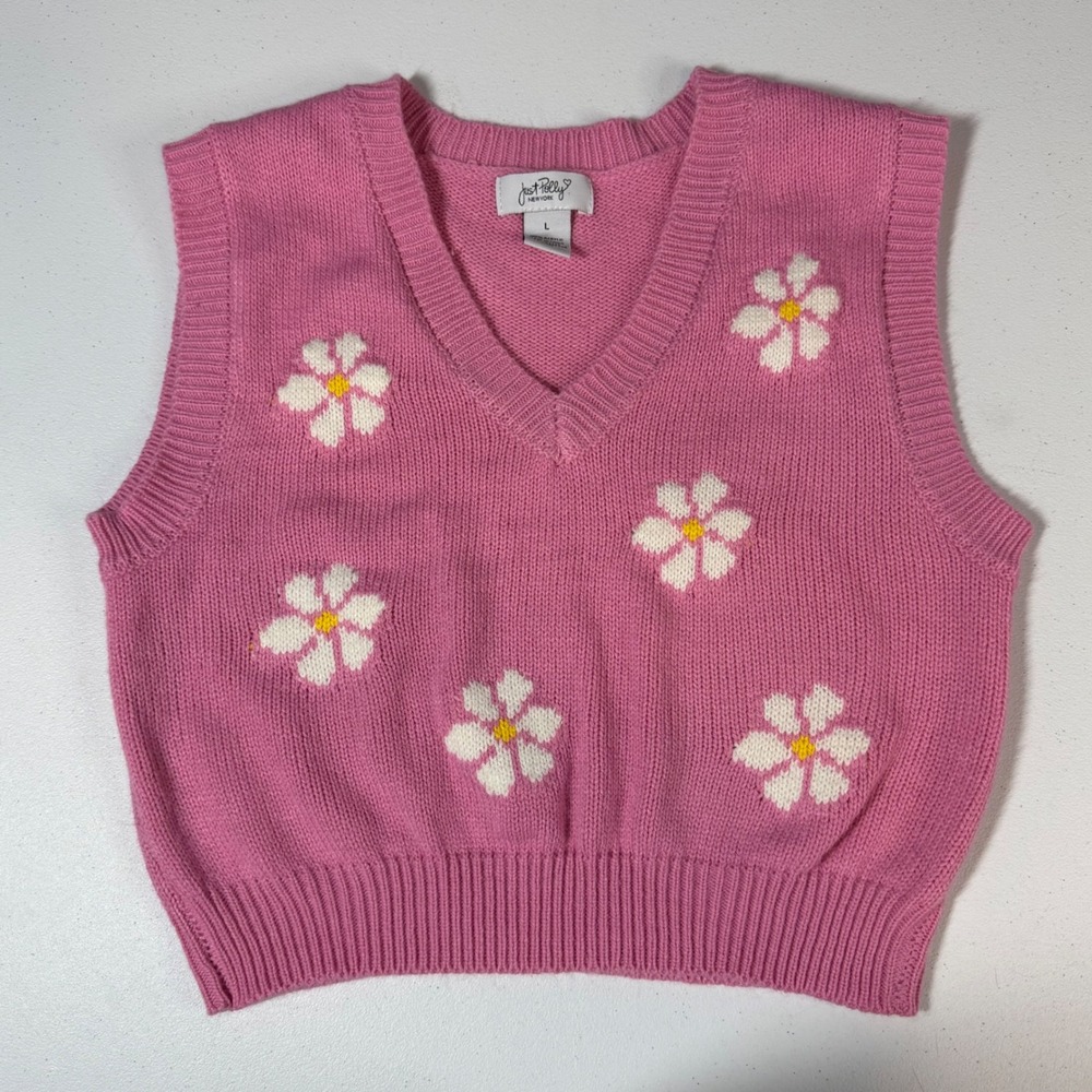 Just Polly Sweater Vest L Pink Daisy Floral V-Neck Knit Cropped